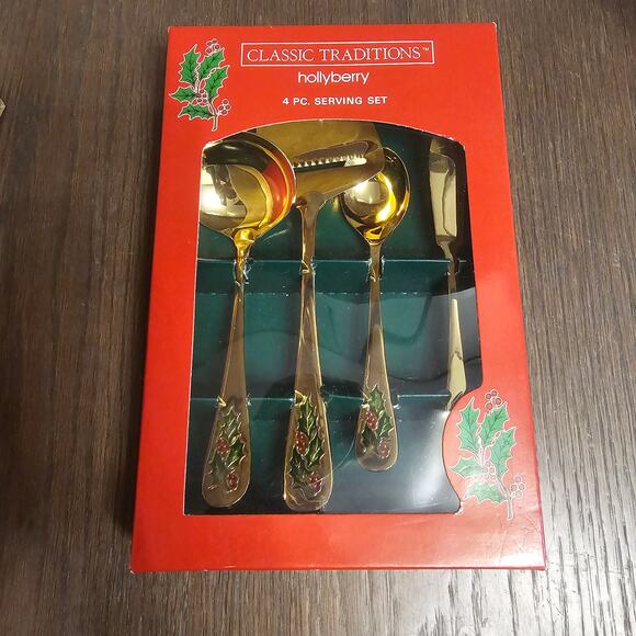 Christmas Holly Berry Gold Plated Stainless Serving 4 Pc Set Holiday NOS - Picture 1 of 2